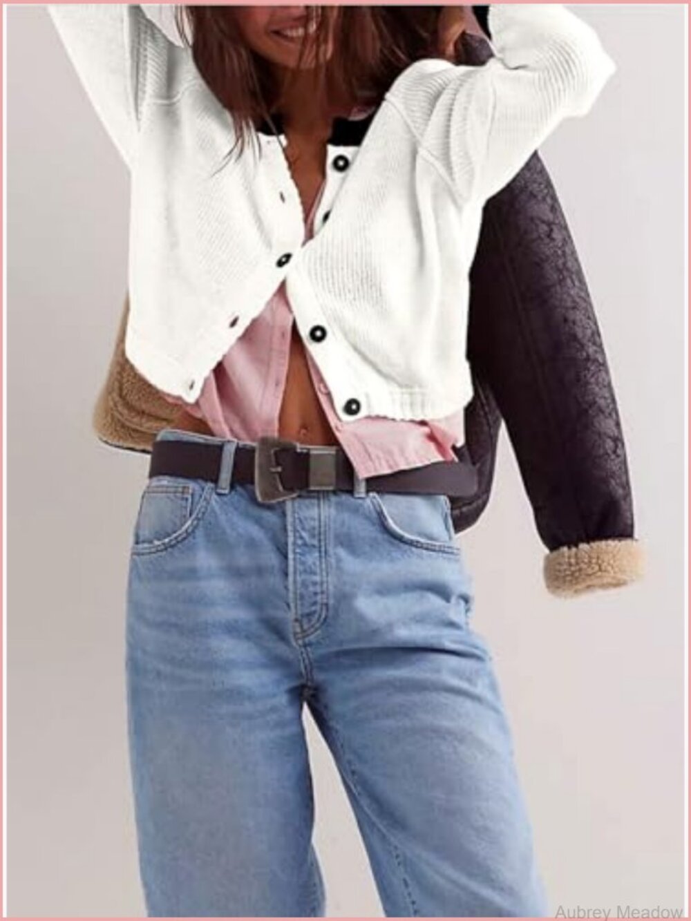 Knitted Button Down Cropped Cardigan Sweater Y2k Color Block Crewneck Short - Picture 3 of 4